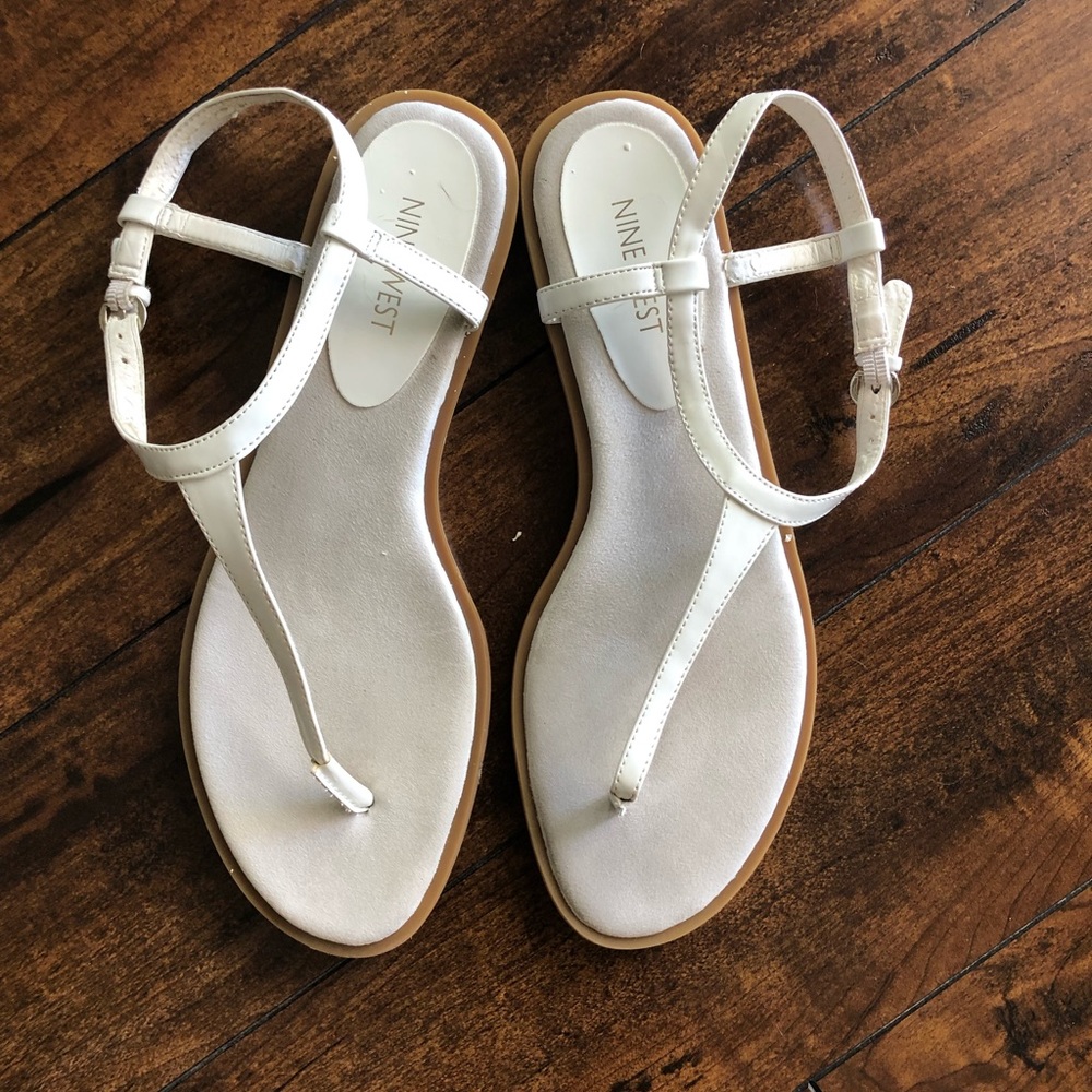 Nine West White T-Strap Leather Sandals
